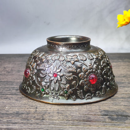 Antique Gem-Embedded Intricately Carved Bowl - Asian Antique Decorative Tabletop Ornament - Personalized Gift