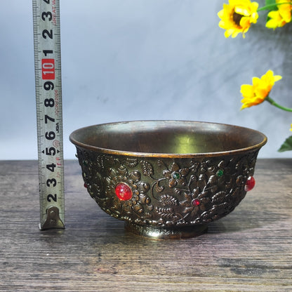 Antique Gem-Embedded Intricately Carved Bowl - Asian Antique Decorative Tabletop Ornament - Personalized Gift