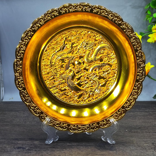 Antique Exquisitely Carved Dragon and Phoenix Decorative Plate - Handcrafted Vintage Metal Dish for Collectors