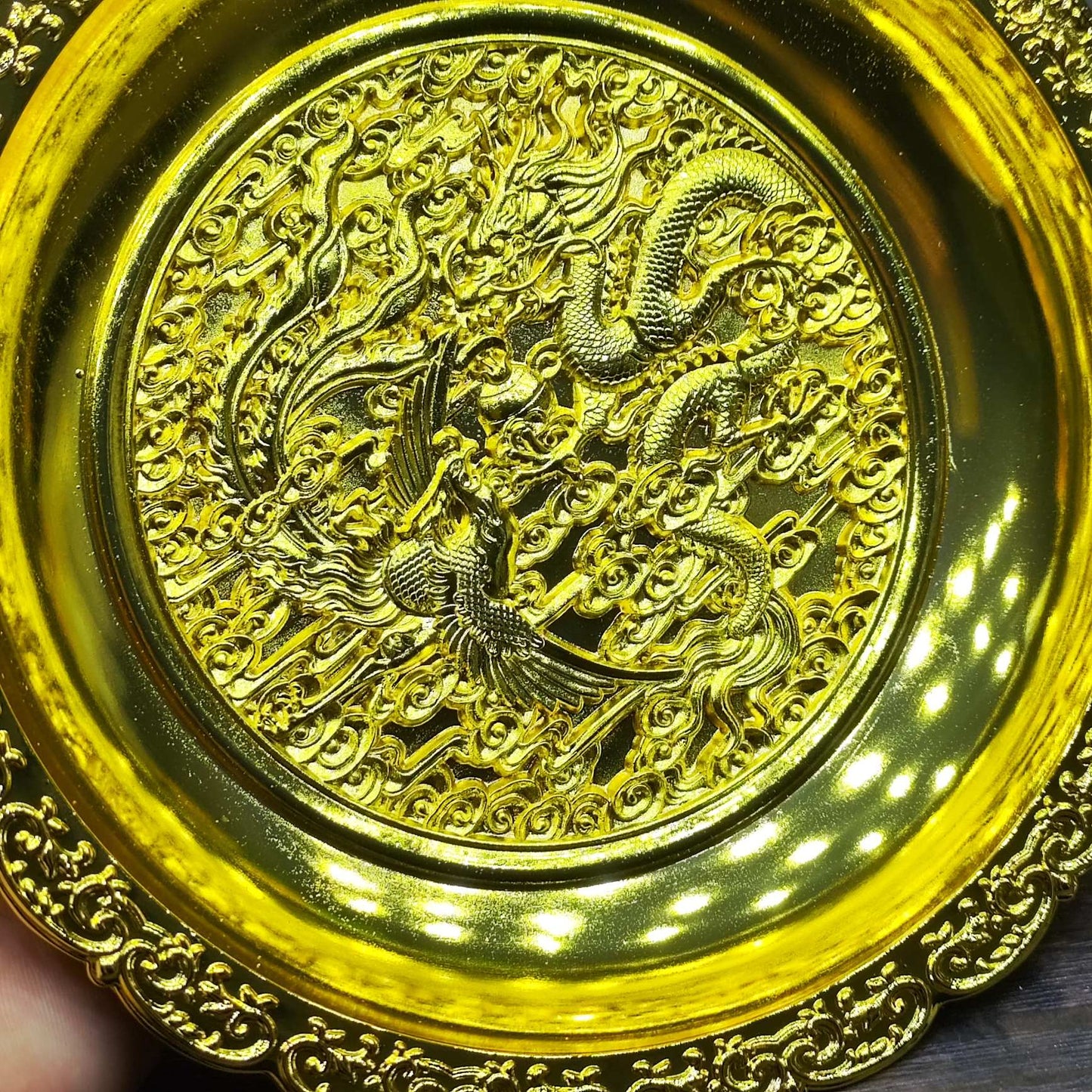 Antique Exquisitely Carved Dragon and Phoenix Plate - Handcrafted Ornate Design, Rare Collectible Decor