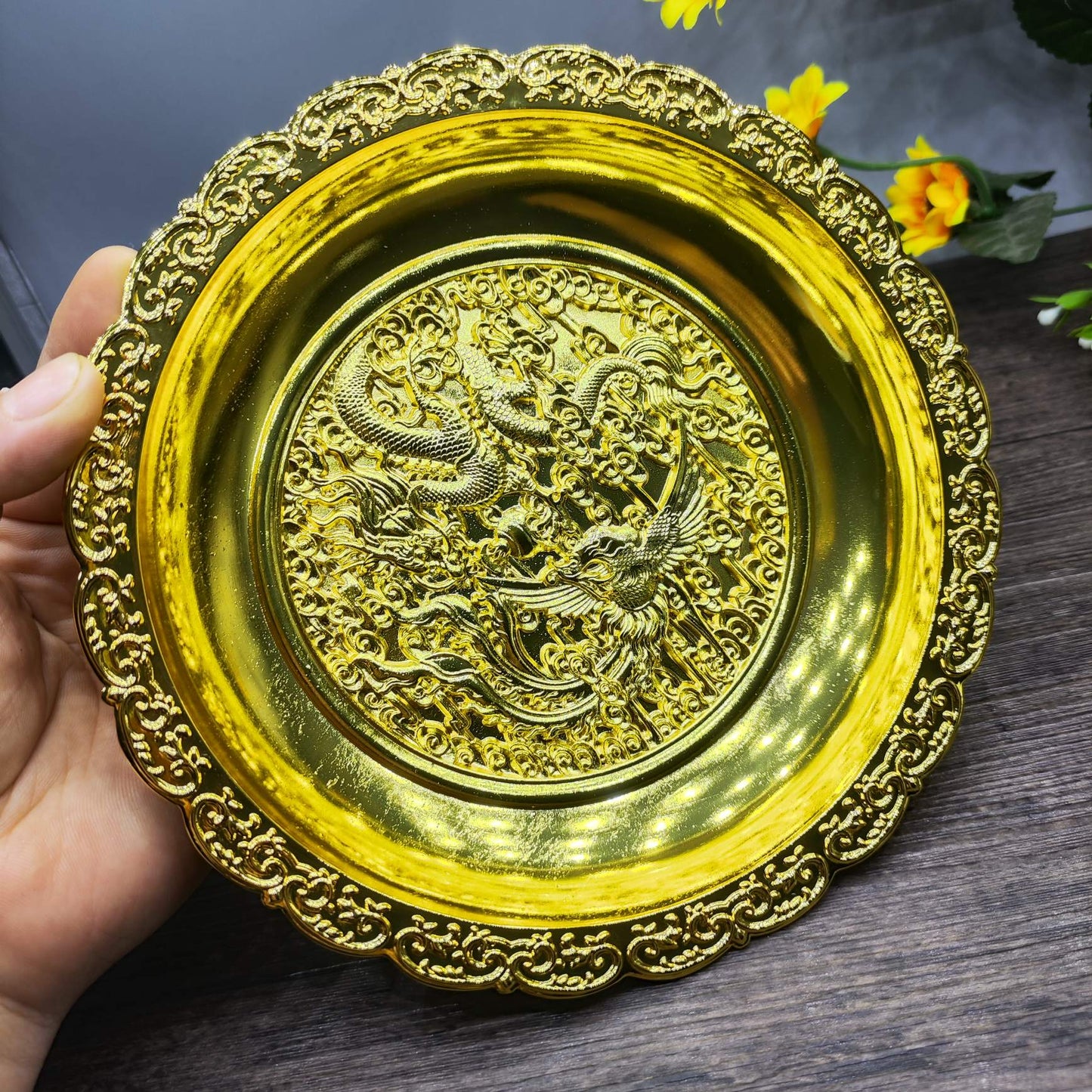 Antique Exquisitely Carved Dragon and Phoenix Plate - Handcrafted Ornate Design, Rare Collectible Decor