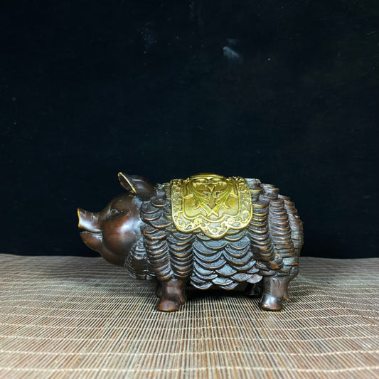 Vintage Pure Copper Gilded Pig Sculpture - Antique Decorative Statue