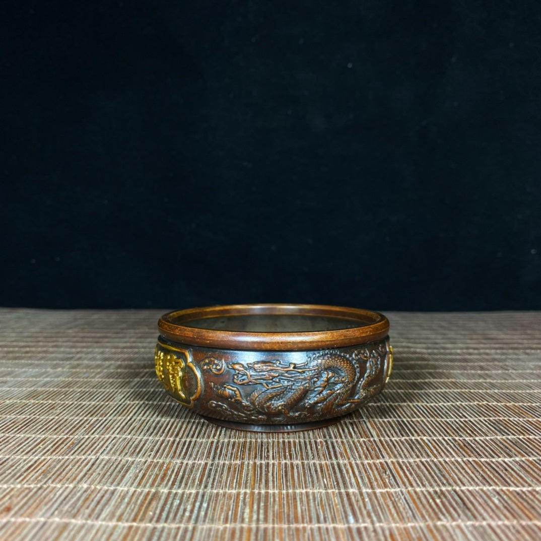 Exquisite Antique Copper Gilded Dragon and Phoenix Treasure Bowl - Premium Collectible and Interior Decor