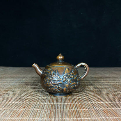 Pure Copper Embossed Landscape Teapot - Timeless Handcrafted Art Piece, Elegant Home and Office Decor