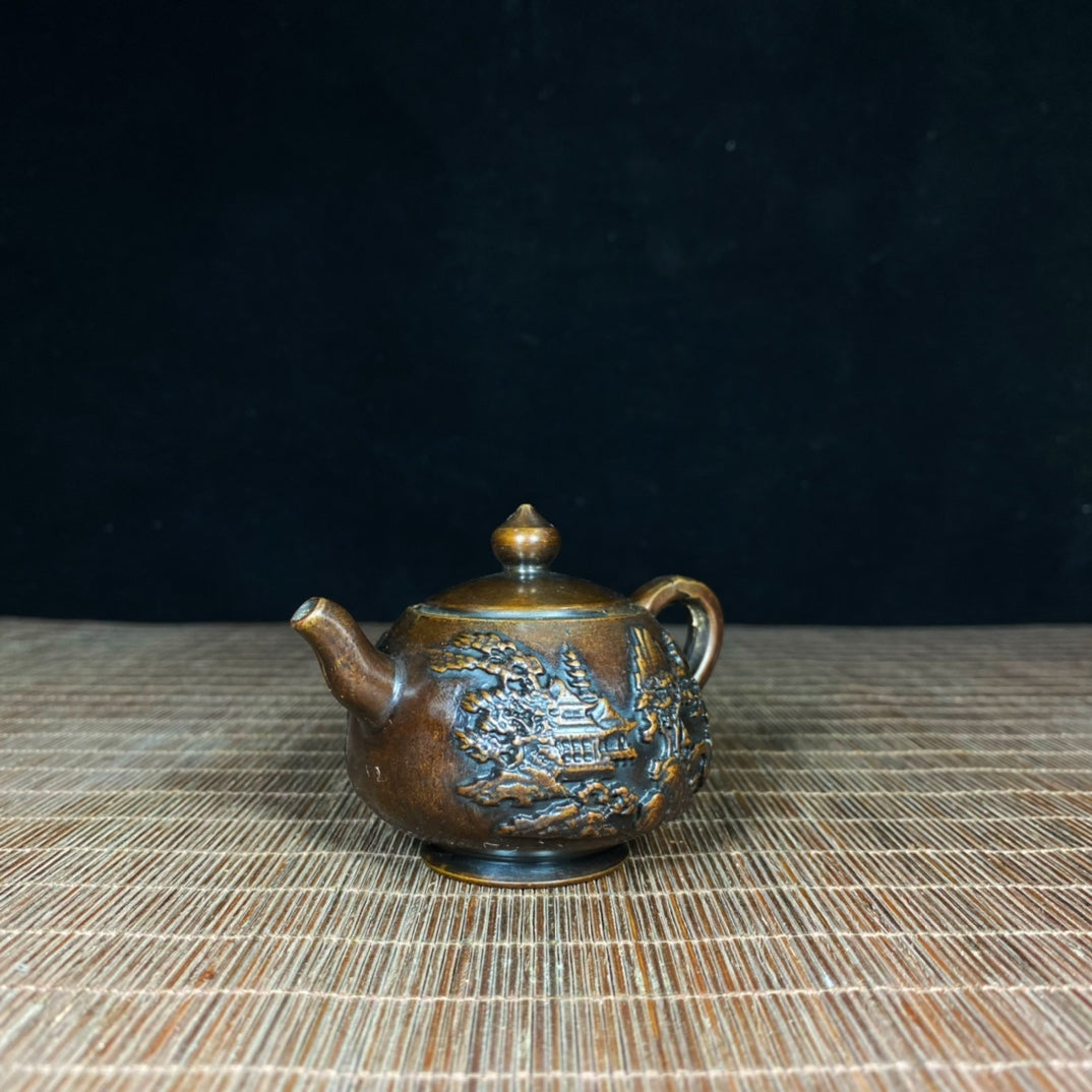 Pure Copper Embossed Landscape Teapot - Timeless Handcrafted Art Piece, Elegant Home and Office Decor