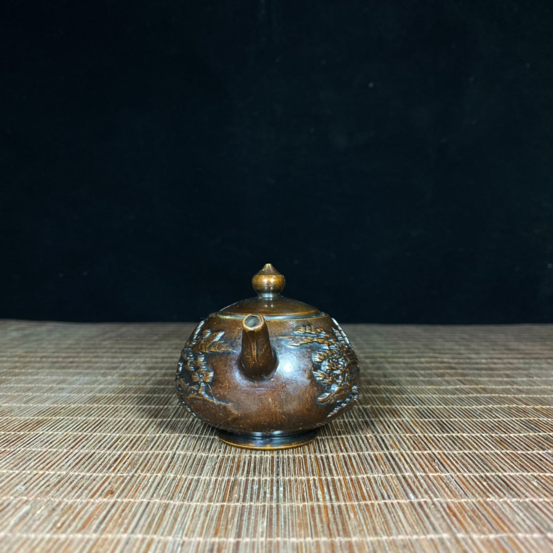 Pure Copper Embossed Landscape Teapot - Timeless Handcrafted Art Piece, Elegant Home and Office Decor