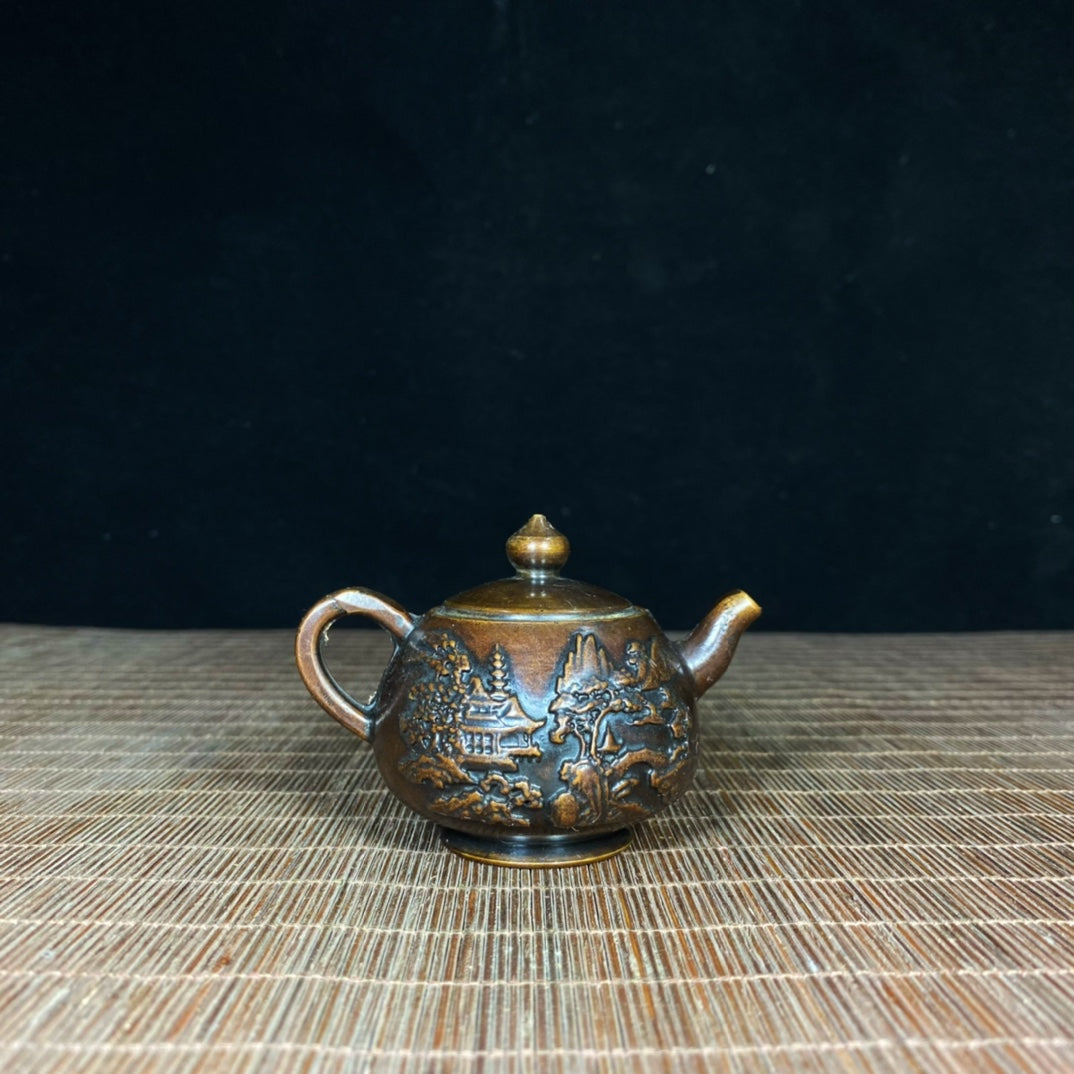 Pure Copper Embossed Landscape Teapot - Timeless Handcrafted Art Piece, Elegant Home and Office Decor