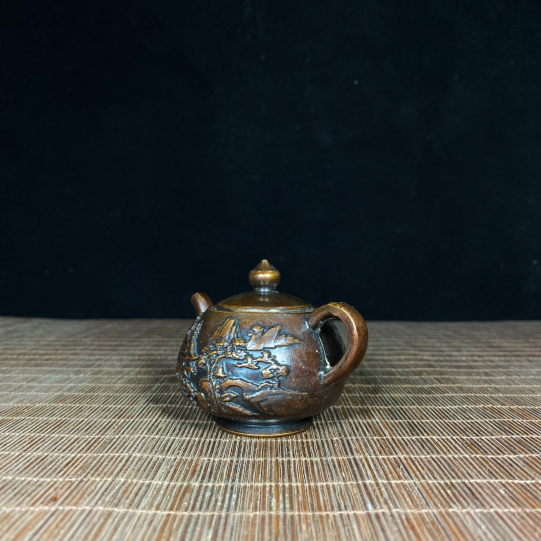 Pure Copper Embossed Landscape Teapot - Timeless Handcrafted Art Piece, Elegant Home and Office Decor