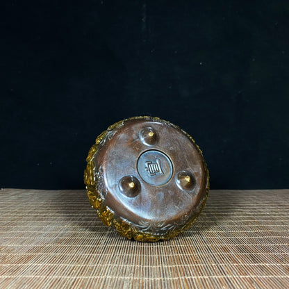 Exquisite Gilded Copper Incense Burner with Embossed Eighteen Arhats - Antique Collection & Elegant Decor