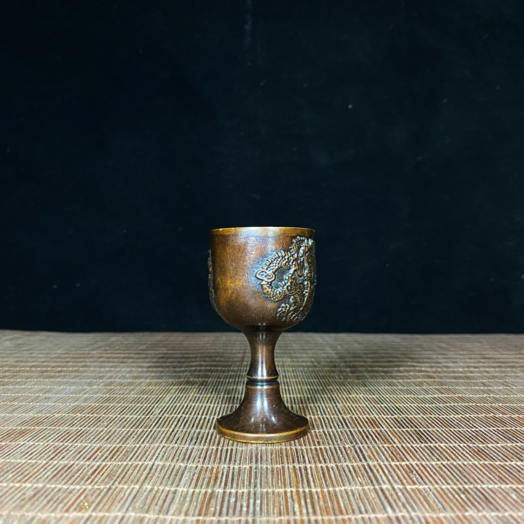 Antique Copper Relief Dragon & Phoenix Goblet - Exquisite Handcrafted Masterpiece