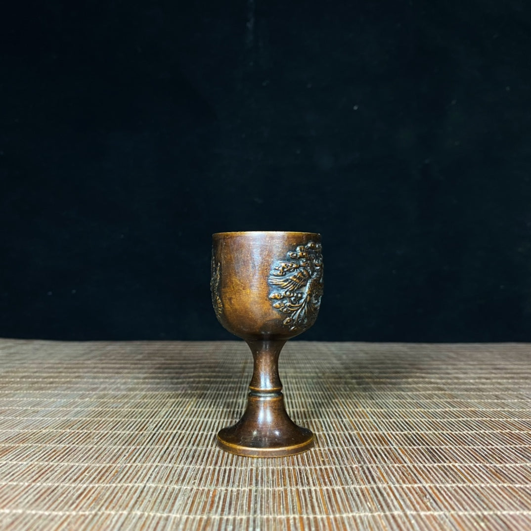 Antique Copper Relief Dragon & Phoenix Goblet - Exquisite Handcrafted Masterpiece