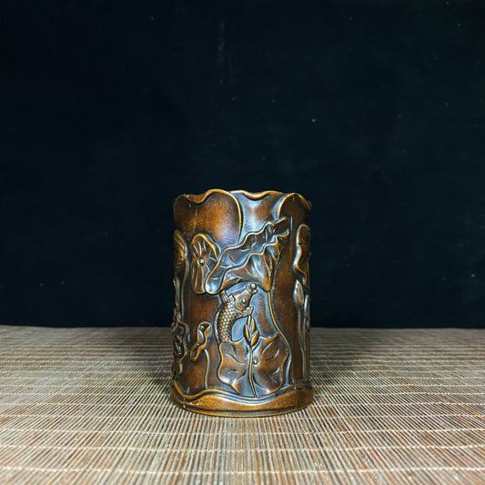 Antique Copper Relief Lotus & Koi Fish Pen Holder - Exquisite Craftsmanship with Rich Cultural Heritage