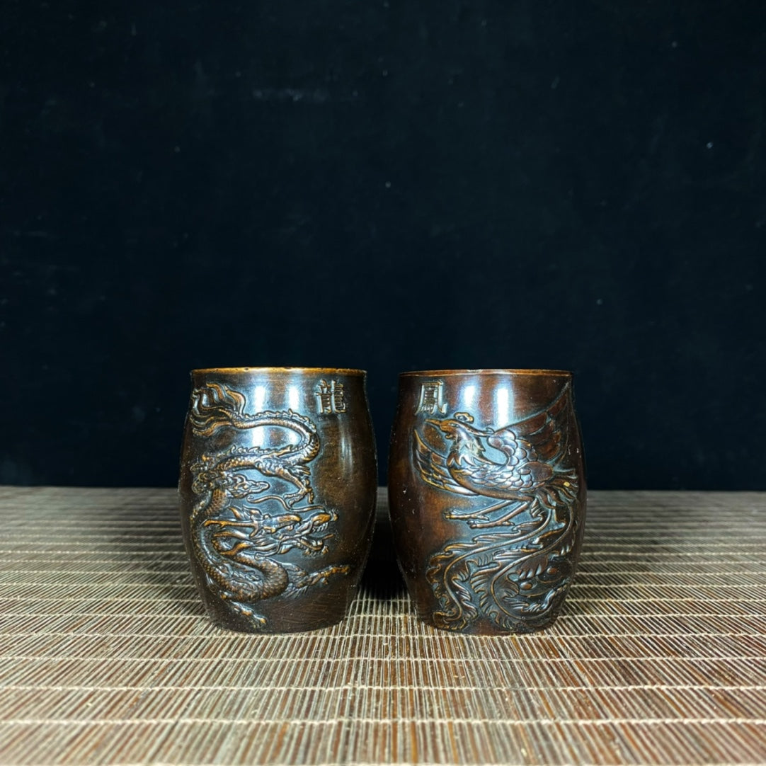 Exquisite Pair of Handcrafted Pure Copper Embossed Dragon & Phoenix Teacups - Antique Craftsmanship, Premium Collectible & Decor