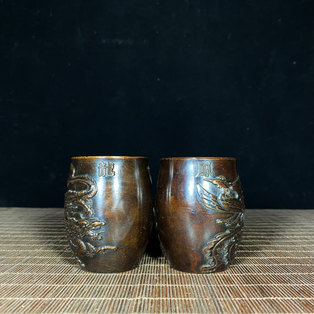 Exquisite Pair of Handcrafted Pure Copper Embossed Dragon & Phoenix Teacups - Antique Craftsmanship, Premium Collectible & Decor