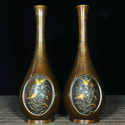 Exquisite Pair of Pure Copper Vases with Engraved Bird and Flower Patterns - Masterful Craftsmanship, Historical Cultural Treasures