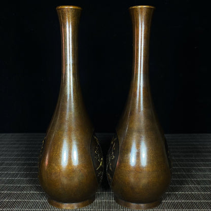 Exquisite Pair of Pure Copper Vases with Engraved Bird and Flower Patterns - Masterful Craftsmanship, Historical Cultural Treasures