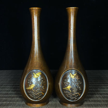 Exquisite Pair of Pure Copper Vases with Engraved Bird and Flower Patterns - Masterful Craftsmanship, Historical Cultural Treasures