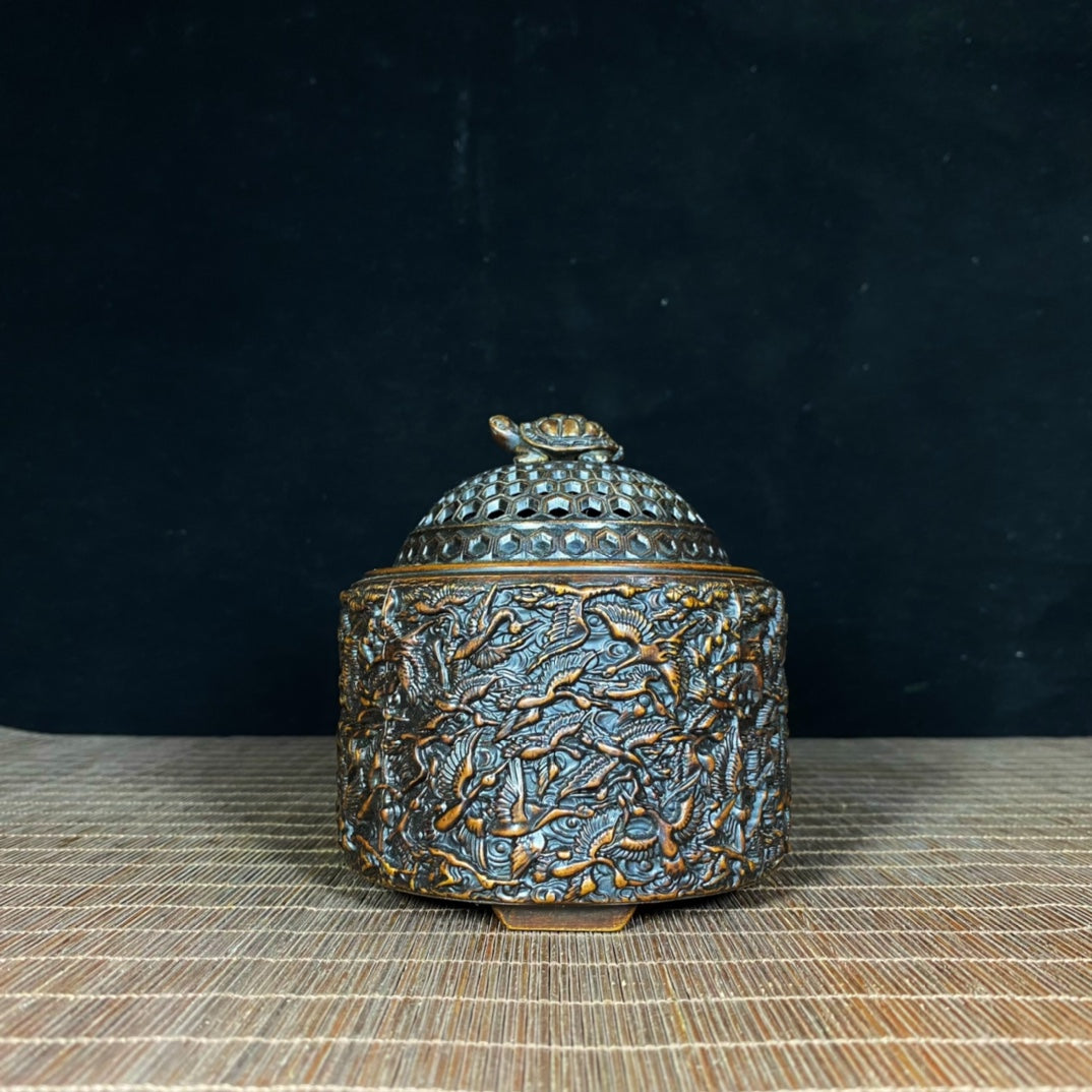 Exquisite Handcrafted Pure Copper Incense Burner with Crane Relief - Symbol of History and Culture