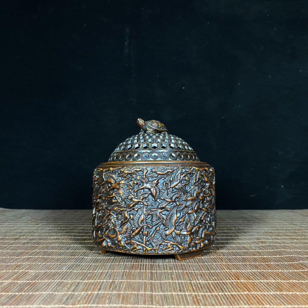 Exquisite Handcrafted Pure Copper Incense Burner with Crane Relief - Symbol of History and Culture