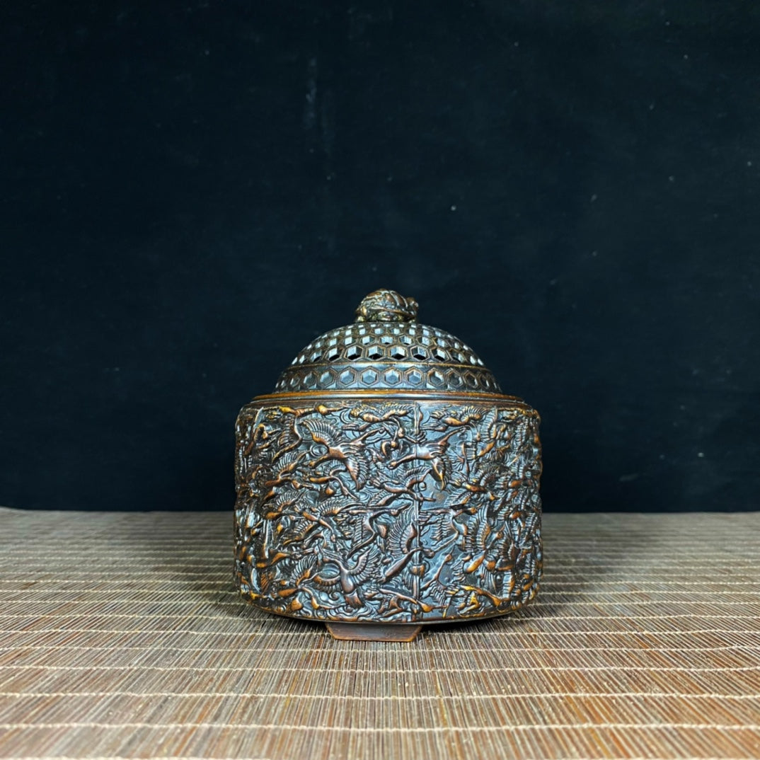 Exquisite Handcrafted Pure Copper Incense Burner with Crane Relief - Symbol of History and Culture