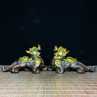 Pair of Gilded Pure Copper Pixiu Statues - Symbols of Wealth and Good Fortune