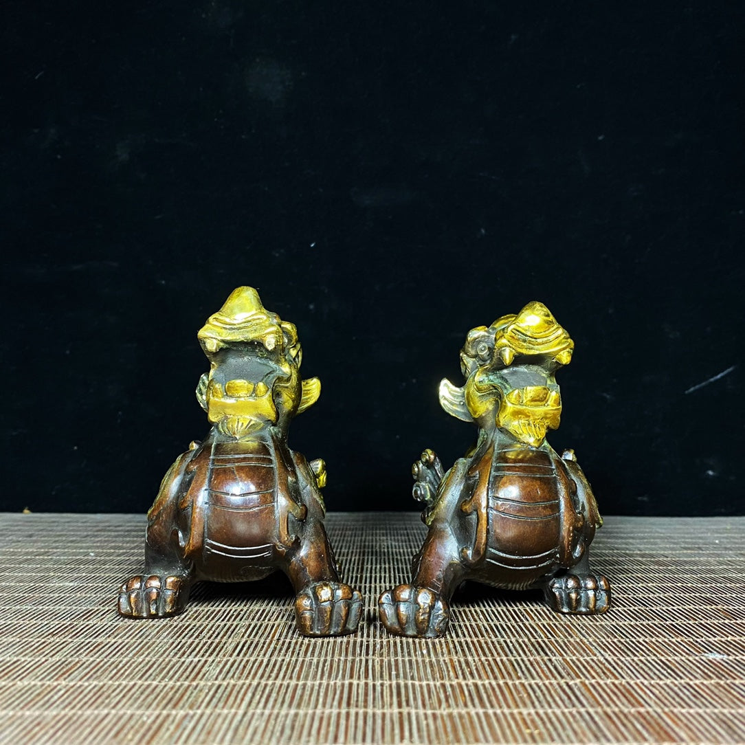 Pair of Gilded Pure Copper Pixiu Statues - Symbols of Wealth and Good Fortune