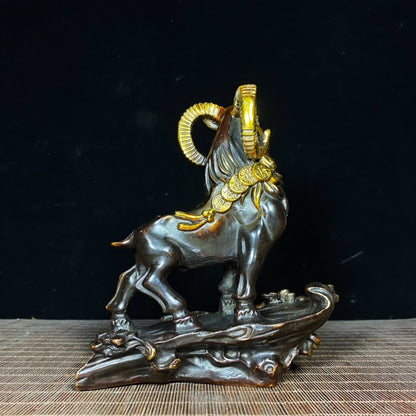 Antique Handcrafted Gilded Bronze Ram Statue - Exquisite Craftsmanship & Cultural Heritage