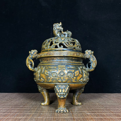 Antique Rare Old Bronze Beast Face Dragon Ear Lion Lid Incense Burner - Exquisite Craftsmanship and Historical Depth