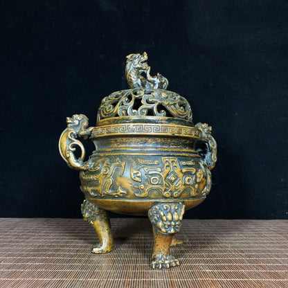 Antique Rare Old Bronze Beast Face Dragon Ear Lion Lid Incense Burner - Exquisite Craftsmanship and Historical Depth