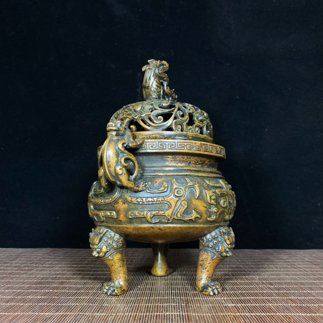 Antique Rare Old Bronze Beast Face Dragon Ear Lion Lid Incense Burner - Exquisite Craftsmanship and Historical Depth