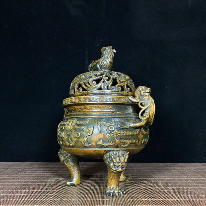 Antique Rare Old Bronze Beast Face Dragon Ear Lion Lid Incense Burner - Exquisite Craftsmanship and Historical Depth