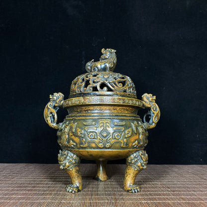 Antique Rare Old Bronze Beast Face Dragon Ear Lion Lid Incense Burner - Exquisite Craftsmanship and Historical Depth