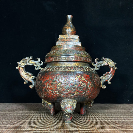 Exquisite Antique Gilded Bronze Censer with Dragon Handles and Lion Feet | Elegant Decor with Cultural Heritage