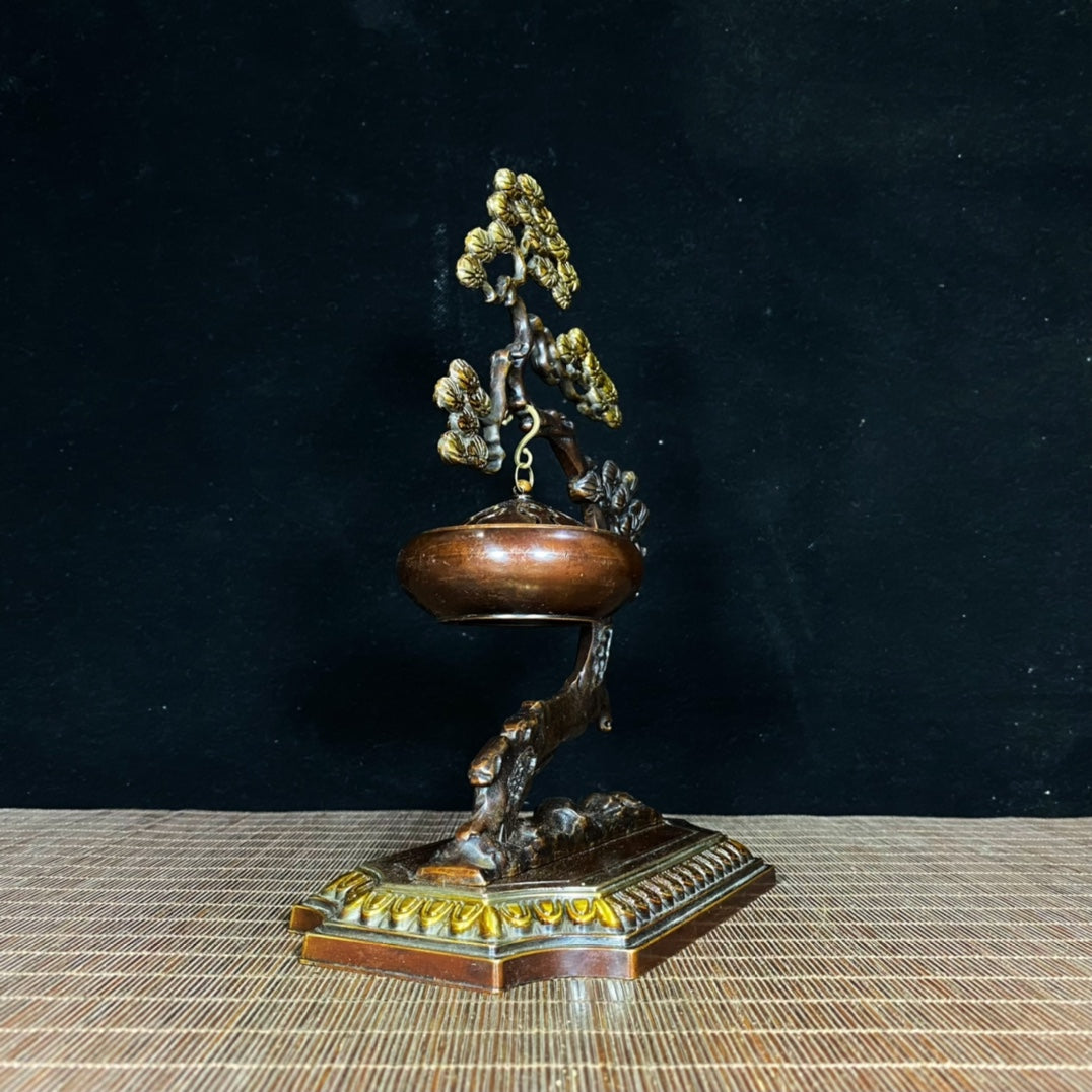 Antique Precious Gilded Bronze Pine Tree Incense Burner - A Timeless Handcrafted Masterpiece