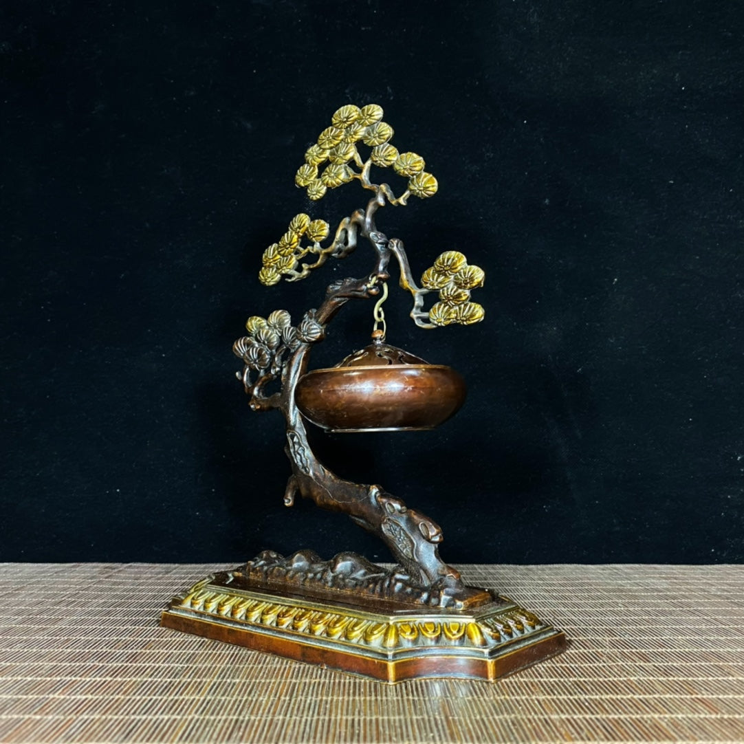 Antique Precious Gilded Bronze Pine Tree Incense Burner - A Timeless Handcrafted Masterpiece