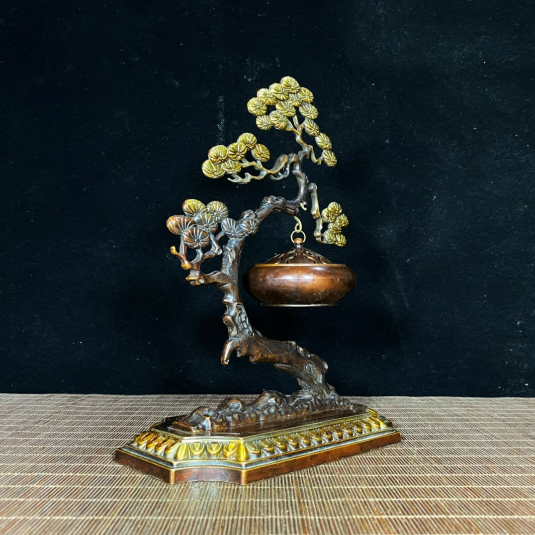 Antique Precious Gilded Bronze Pine Tree Incense Burner - A Timeless Handcrafted Masterpiece