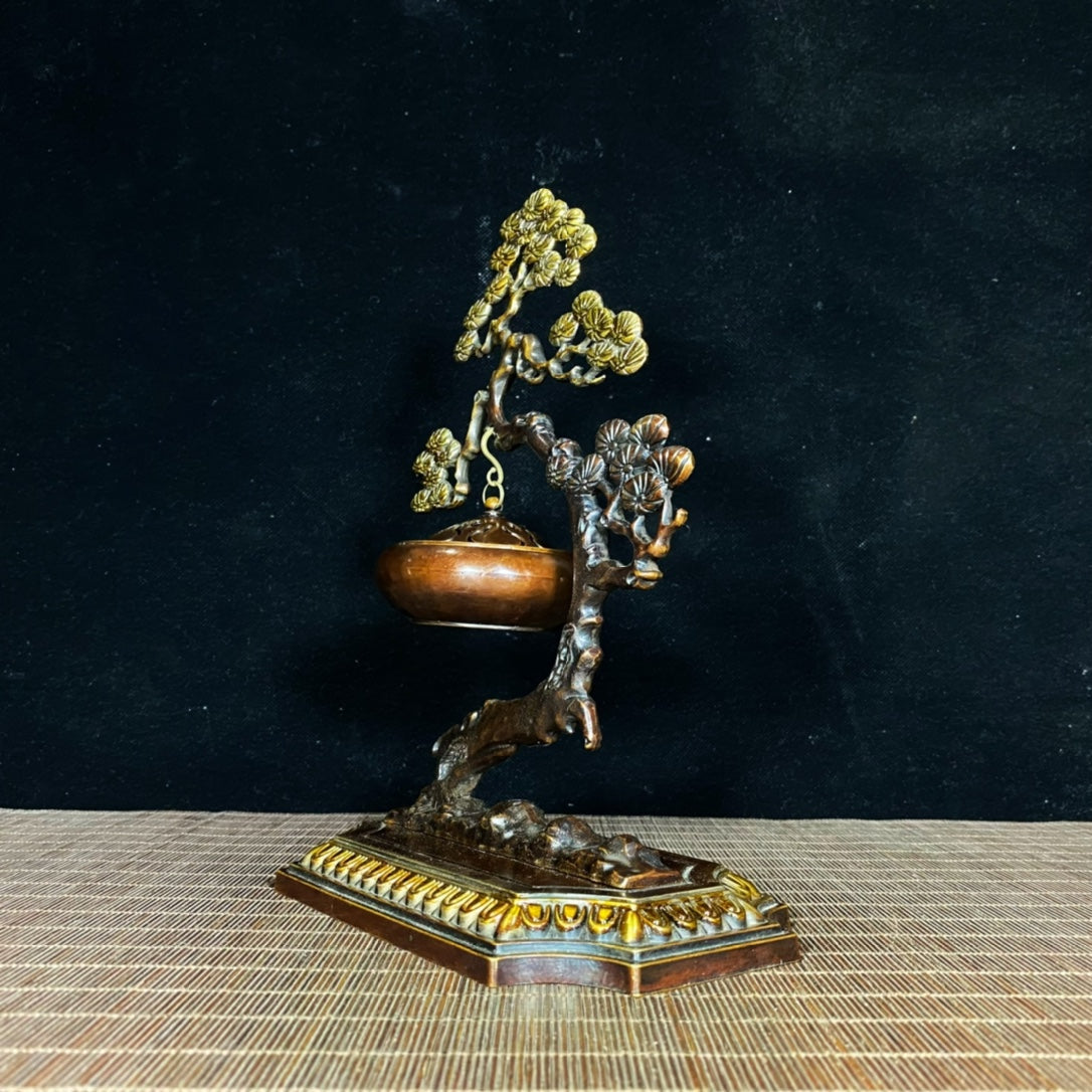 Antique Precious Gilded Bronze Pine Tree Incense Burner - A Timeless Handcrafted Masterpiece