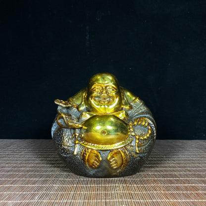 Antique Precious Pure Copper Gilded Laughing Buddha Statue - Exquisite Handcrafted Artwork