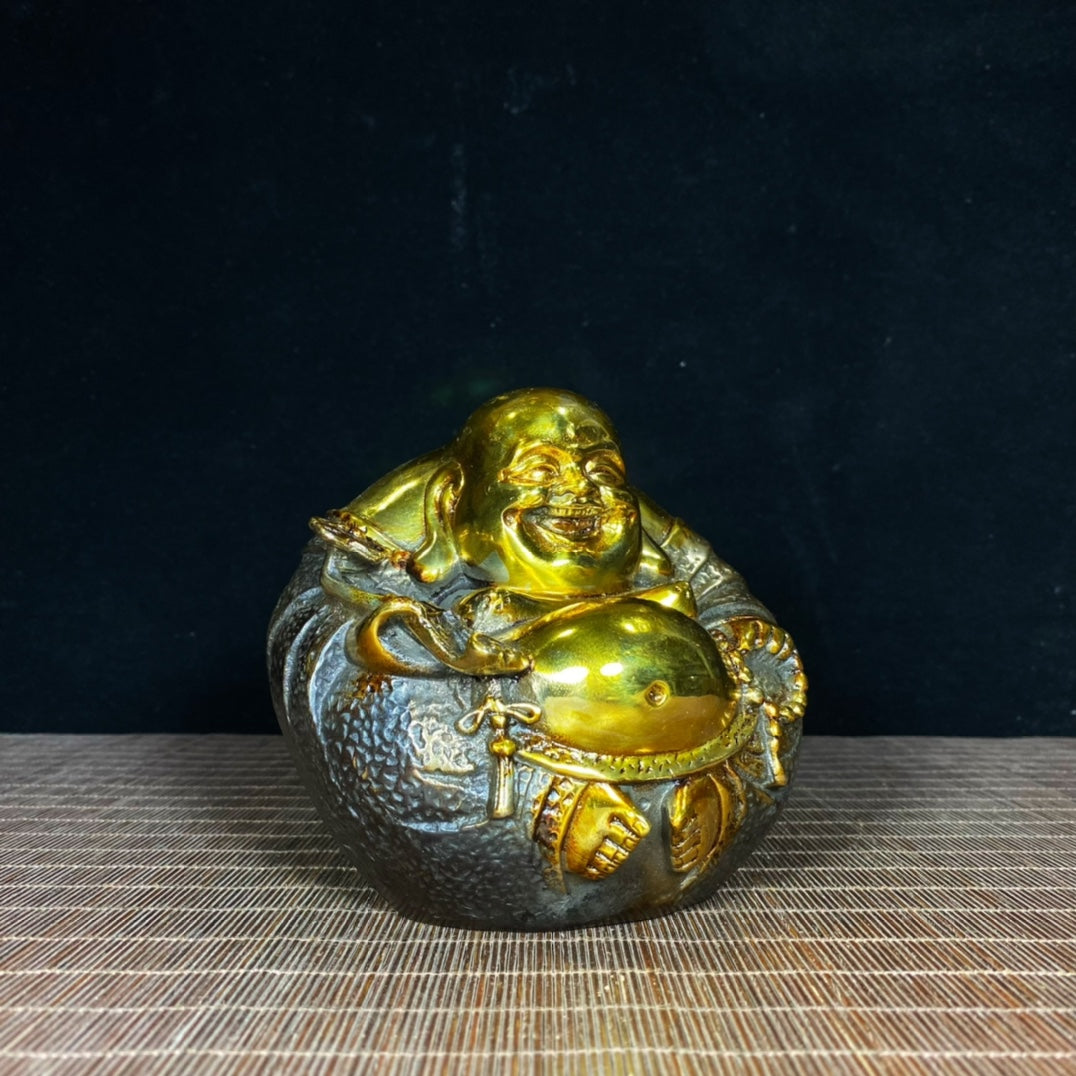 Antique Precious Pure Copper Gilded Laughing Buddha Statue - Exquisite Handcrafted Artwork