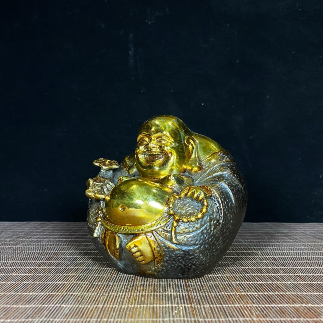 Antique Precious Pure Copper Gilded Laughing Buddha Statue - Exquisite Handcrafted Artwork