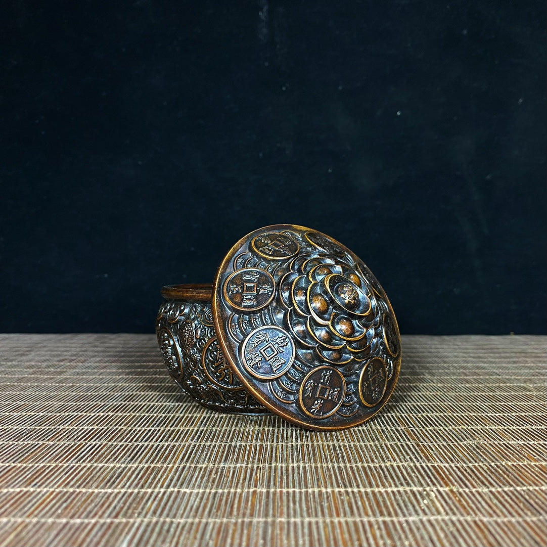 Antique Exquisite Copper Relief Five-Emperor Coins Treasure Bowl - A Masterpiece for Collectors and Elegant Decor