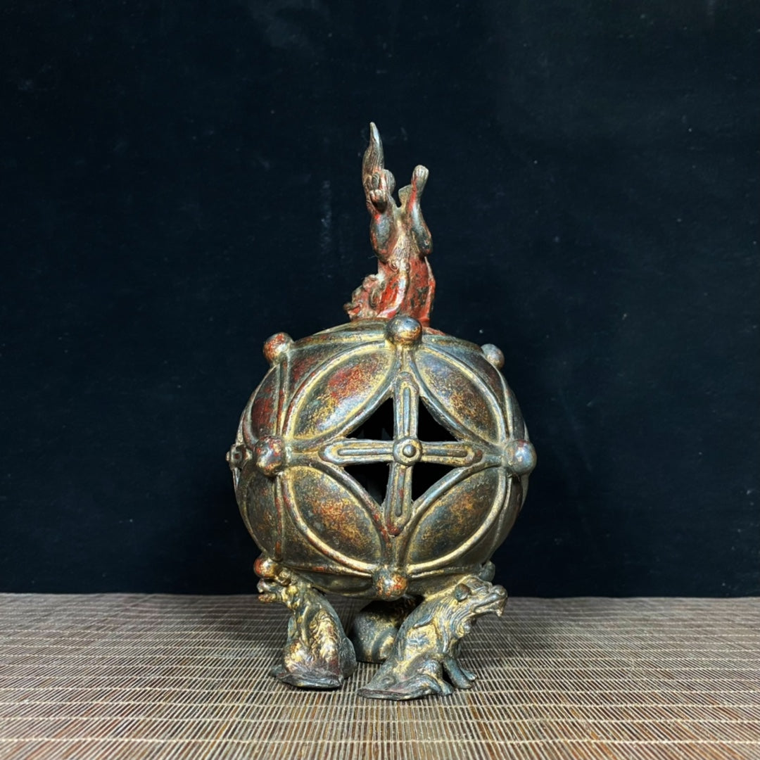 Ancient Precious Antique: Handcrafted Hollow Incense Burner with Lion Rolling Ball Design