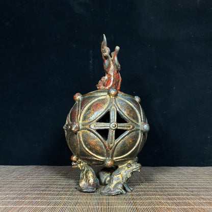 Ancient Precious Antique: Handcrafted Hollow Incense Burner with Lion Rolling Ball Design