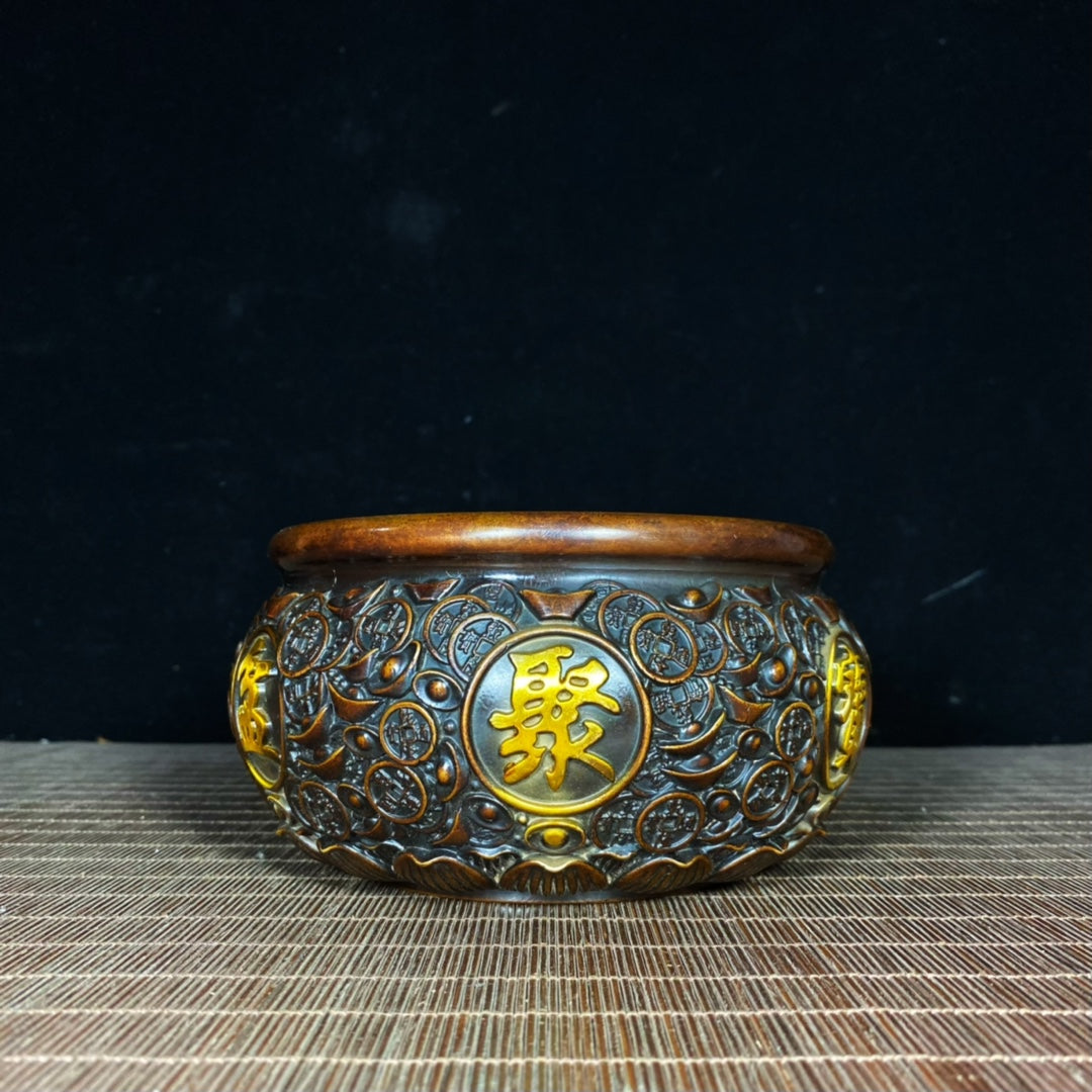 Antique Copper Gilded Qianlong Coin Treasure Bowl