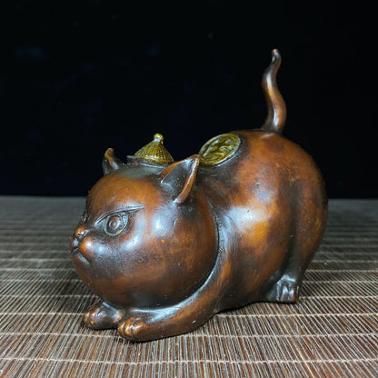 Antique Handcrafted Gilded Copper Cat Statue - Exquisite Craftsmanship & Historical Charm