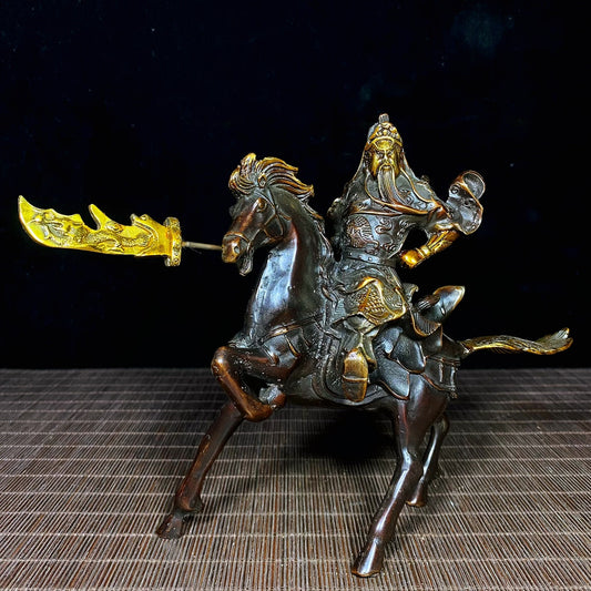 Pure Copper Gilded Guan Yu on War Horse Statue - Perfect Blend of Antique Collection and Exquisite Decor