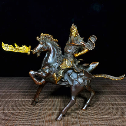 Pure Copper Gilded Guan Yu on War Horse Statue - Perfect Blend of Antique Collection and Exquisite Decor