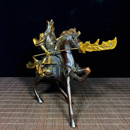 Pure Copper Gilded Guan Yu on War Horse Statue - Perfect Blend of Antique Collection and Exquisite Decor