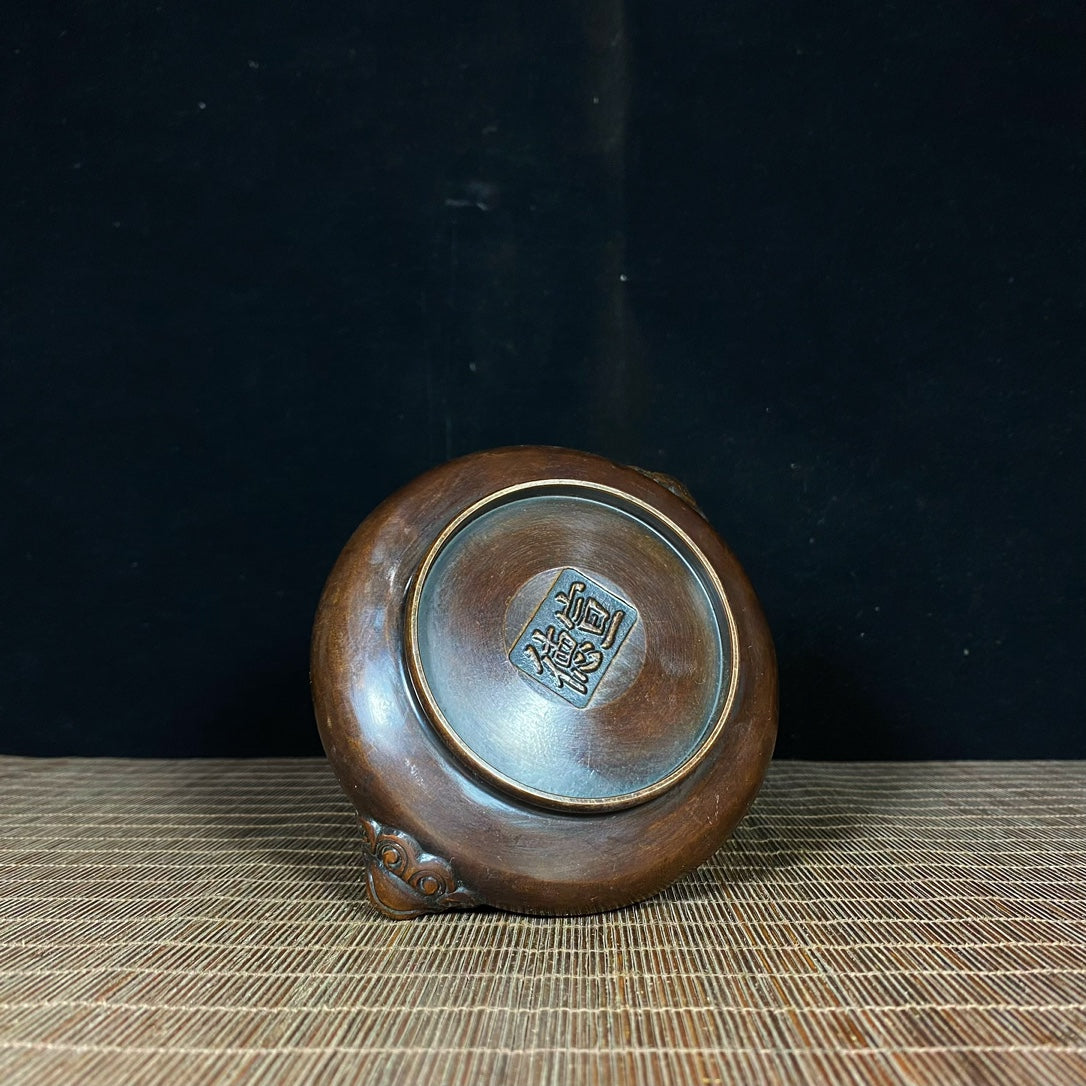 Large Pure Copper Lion Ear Incense Burner - Handcrafted Antique with Historical Significance