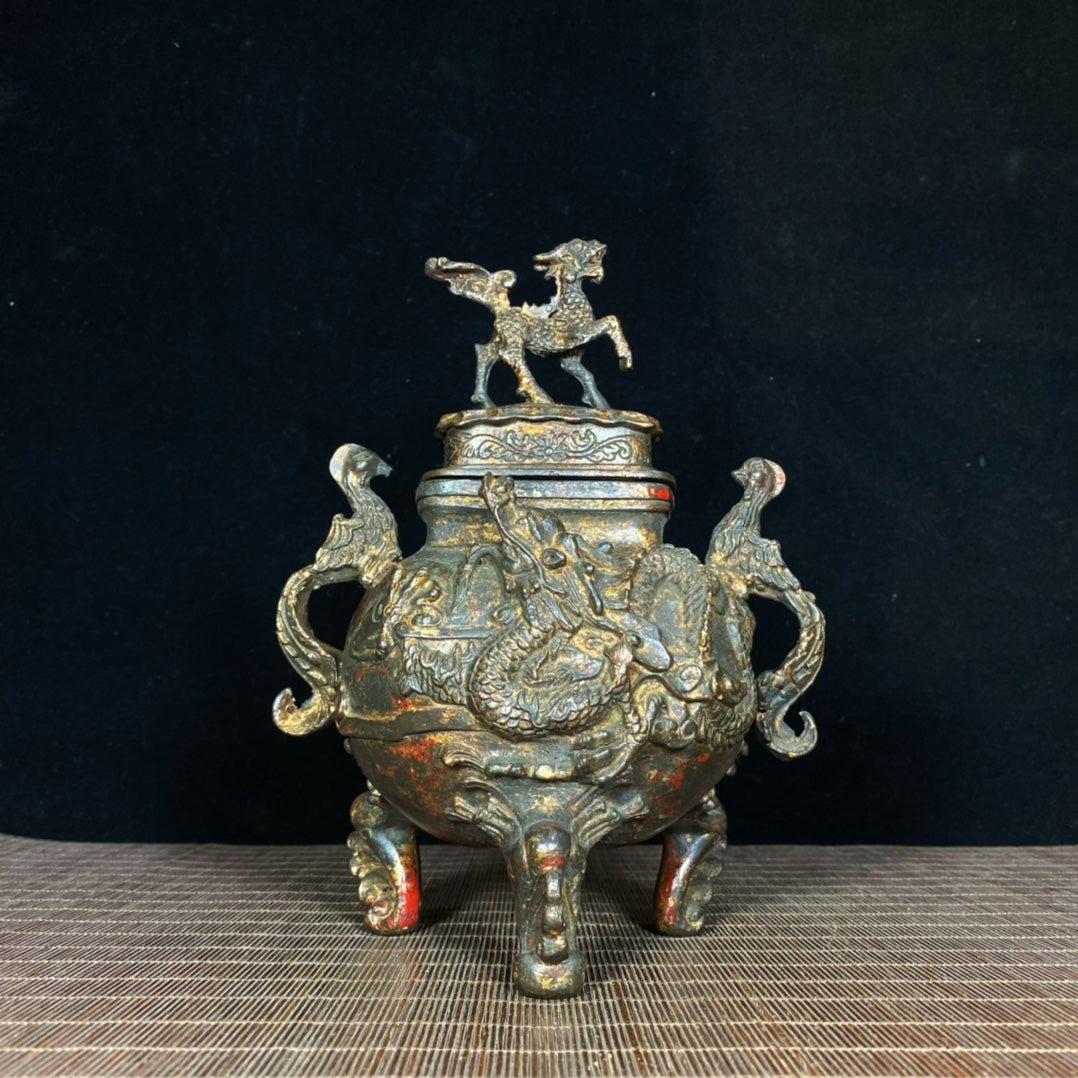 Phoenix Ear Kirin Lid Incense Burner with Relief Dragon - Exquisite Craftsmanship and Cultural Heritage Antique